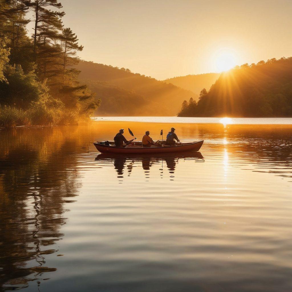 A serene lake scene with a diverse group of boaters, showcasing various types of boats, from canoes to yachts. Emphasize a sense of safety and protection with visible life jackets and insurance documents prominently displayed on the boats. The sun is setting, casting warm golden tones over the water, creating a peaceful yet informative atmosphere. Include a distant shore with friendly people waving and enjoying their time. vibrant colors. super-realistic.
