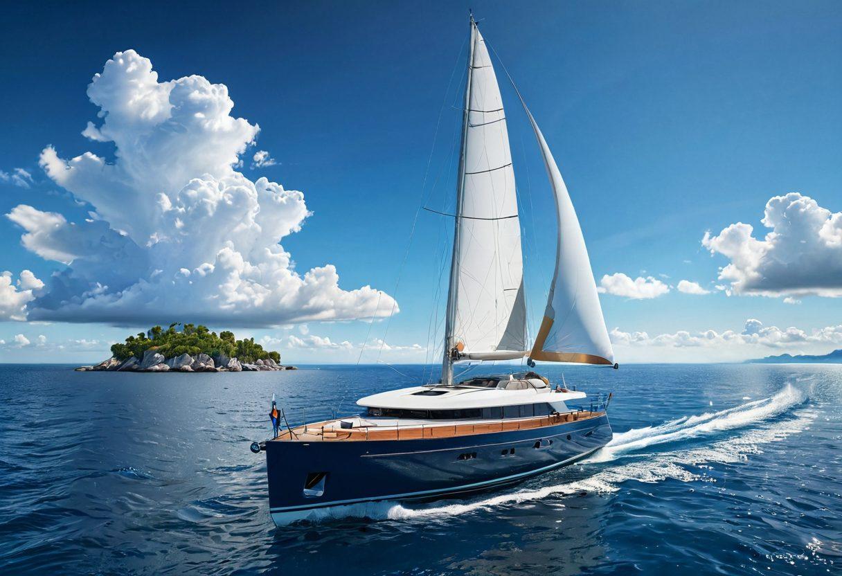A luxurious yacht sailing through a serene blue ocean, with a backdrop of a sunny sky and distant islands. In the foreground, a protective shield symbolizes insurance, incorporating nautical elements like anchors and life rings. The overall scene evokes a sense of security and adventure, emphasizing the importance of protecting marine investments. 3D. vibrant colors. sharp details.