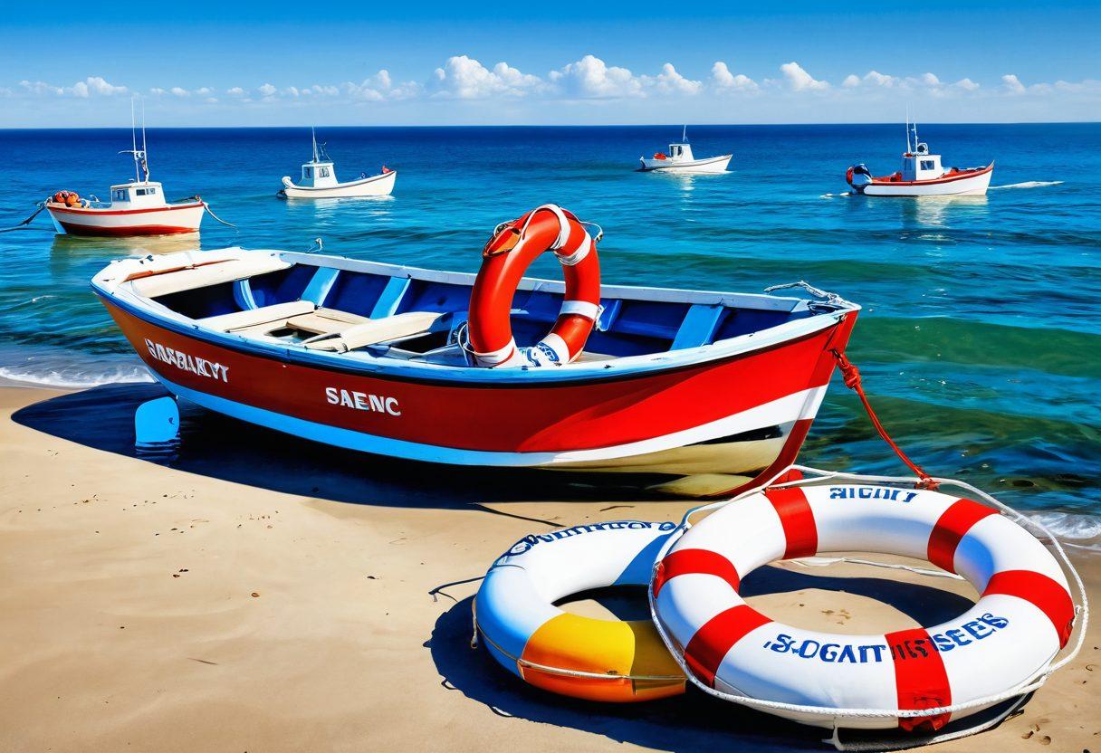 A serene maritime scene depicting a variety of boats anchored peacefully, each showcasing a unique style. In the foreground, a protective life buoy with the words 'Boat Insurance' creatively inscribed on it. The background features tranquil blue waters, rolling waves, and a bright sunny sky, symbolizing safety and security on the water. Include elements like safety gear and nautical symbols to emphasize protection. vibrant colors. super-realistic.